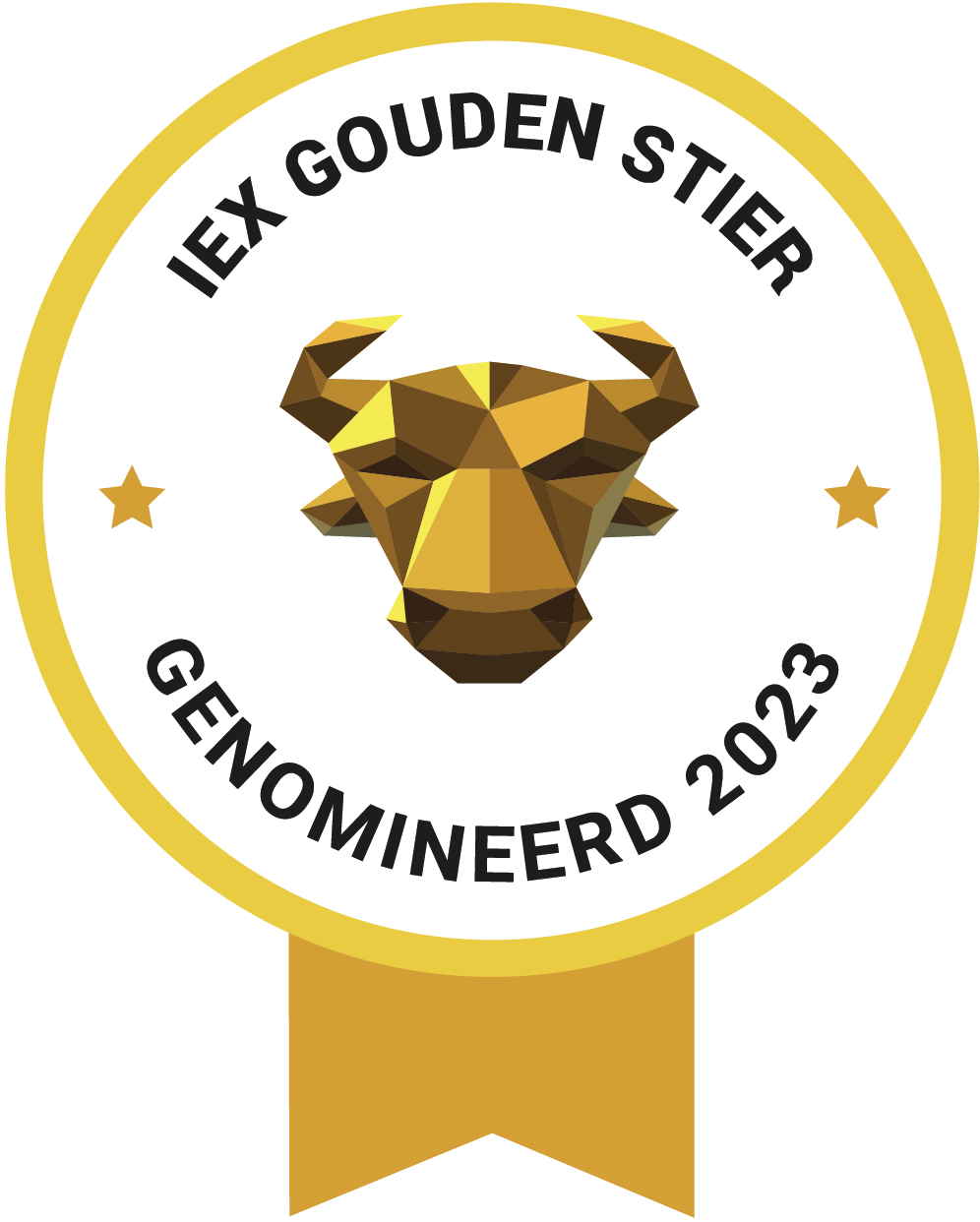 IEX Goudenstier Genomineerd 2023, een hoekig gestileerd stierenhoofd in gouden faceten als logo
