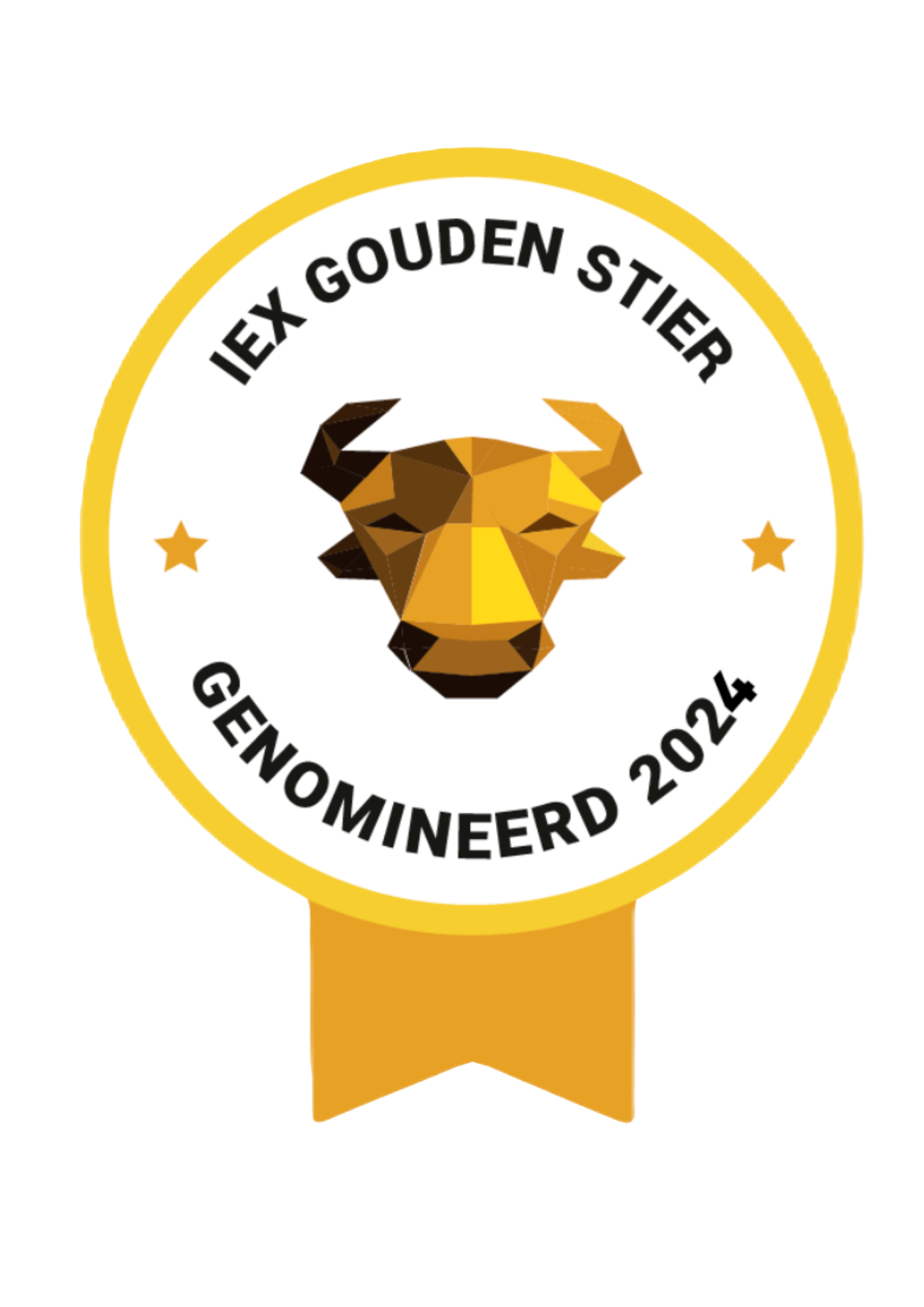 IEX Goudenstier Genomineerd 2024, een hoekig gestileerd stierenhoofd in gouden faceten als logo