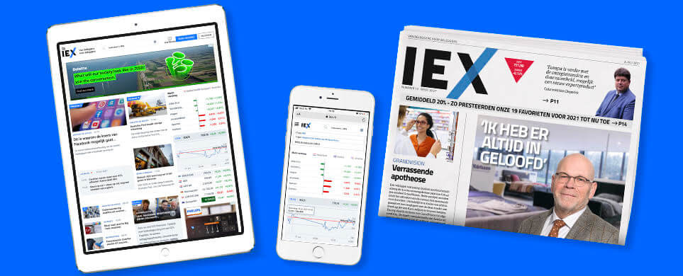drie voorbeelden van IEX Premium: de exclusieve content op de site, de app op een smartphone en IEX Magazine.