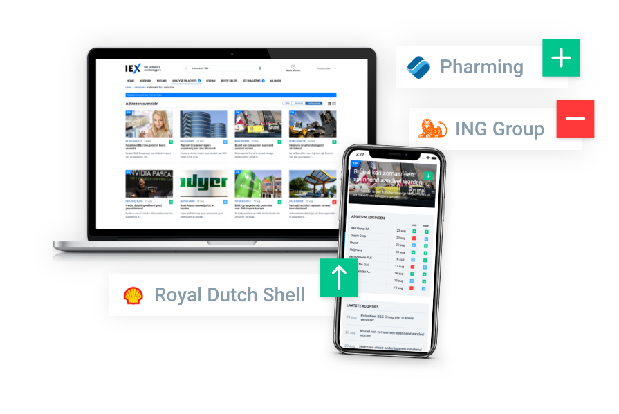 Laptop en smartphone met IEX.nl erop. Advies iconen zweven er omheen: koop Shell, koop Pharming, verkoop ING