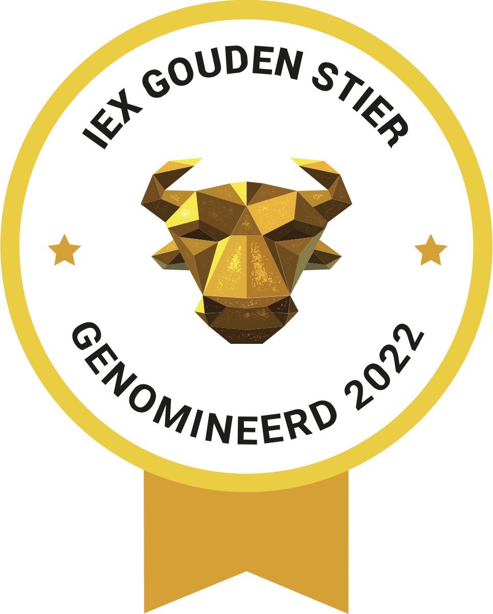 IEX Goudenstier Genomineerd 2022, een hoekig gestileerd stierenhoofd in gouden faceten als logo