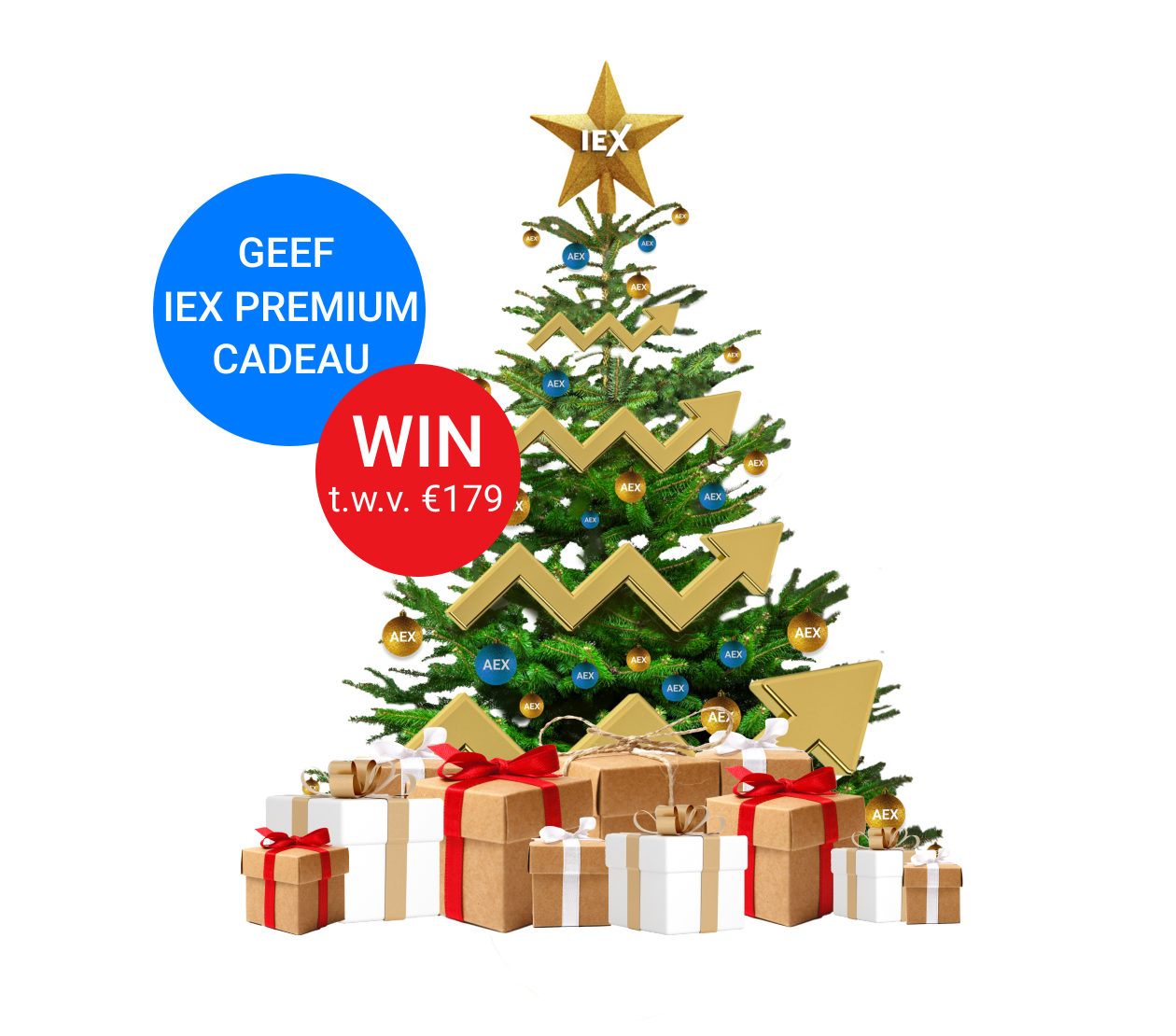 kerstboom met pakjes, sticker geef iex premium cadeau en een sticker win t.w.v.€179